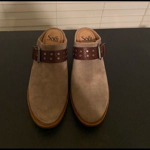 Sofft Adena Tan Leather Suede Waterproof Western Clog Mules Buckle Women's 7 M